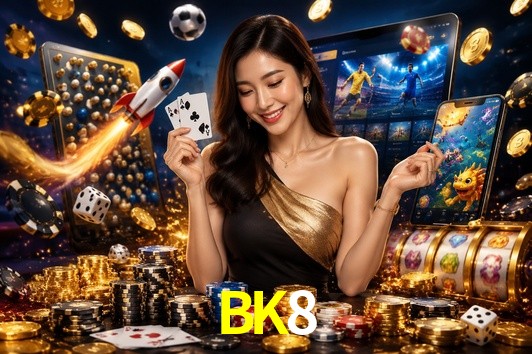 Una escena digital vívida inspirada en casino con BK8 mostrado prominentemente, luces brillantes, fichas, cartas y acentos dorados.