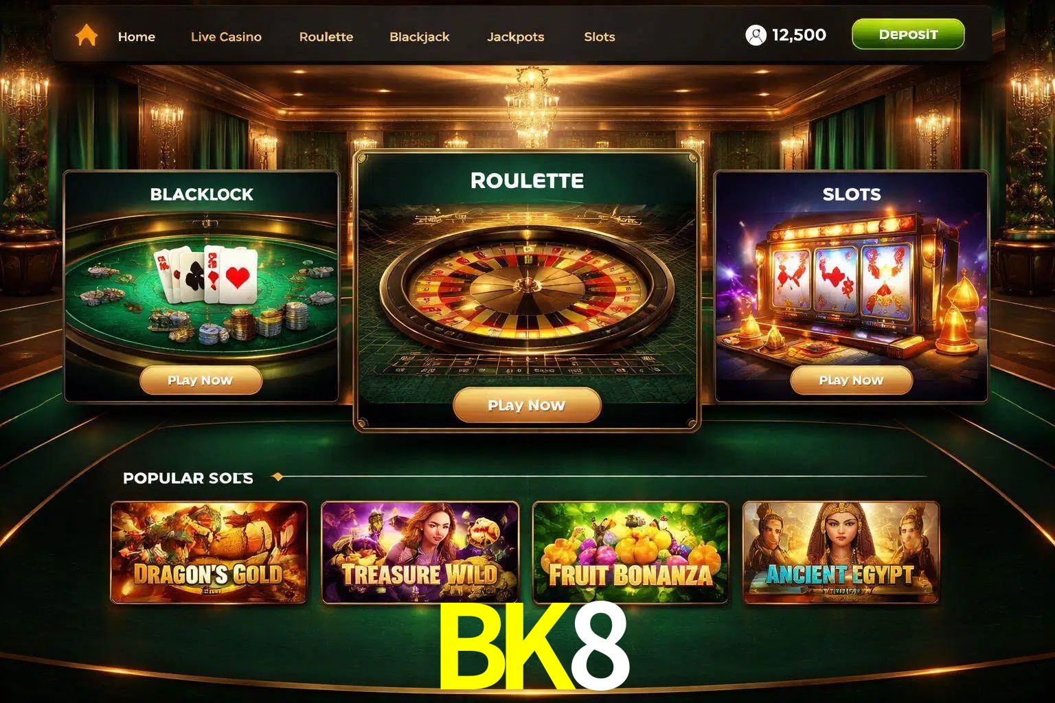 Vista de la plataforma BK8 Casino mostrando categorías organizadas de juegos en línea