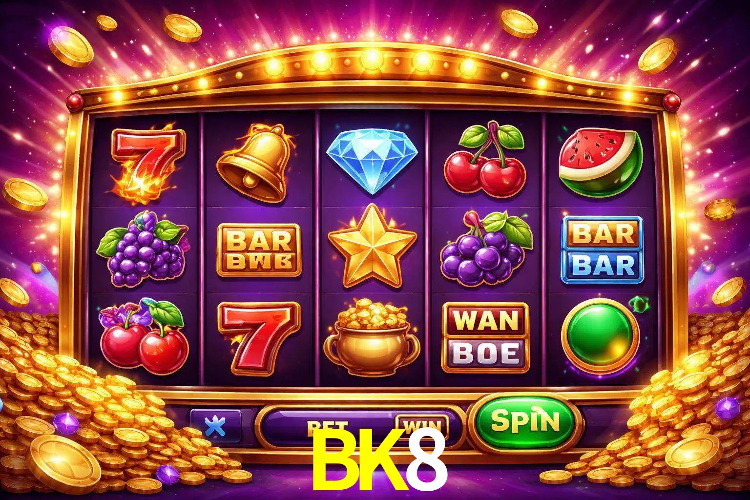 Una interfaz colorida de tragamonedas en línea con símbolos brillantes, monedas y un efecto de victoria celebratoria en BK8.