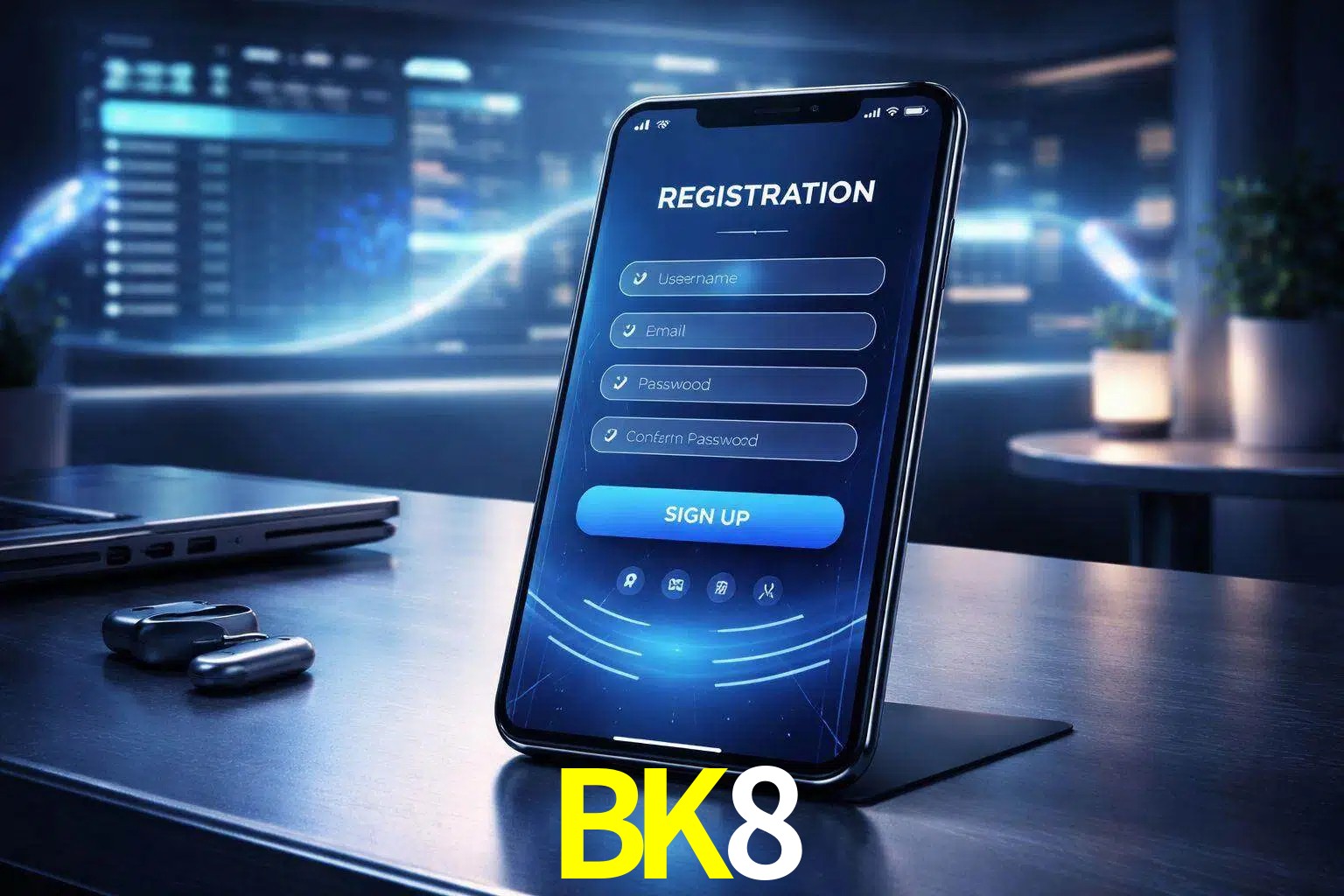 Una interfaz moderna de registro móvil para BK8 mostrada en un smartphone con un panel de apuestas elegante.